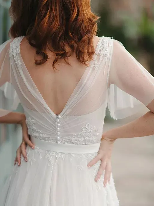 A line Boho Short Sleeve V-neck Wedding Dress