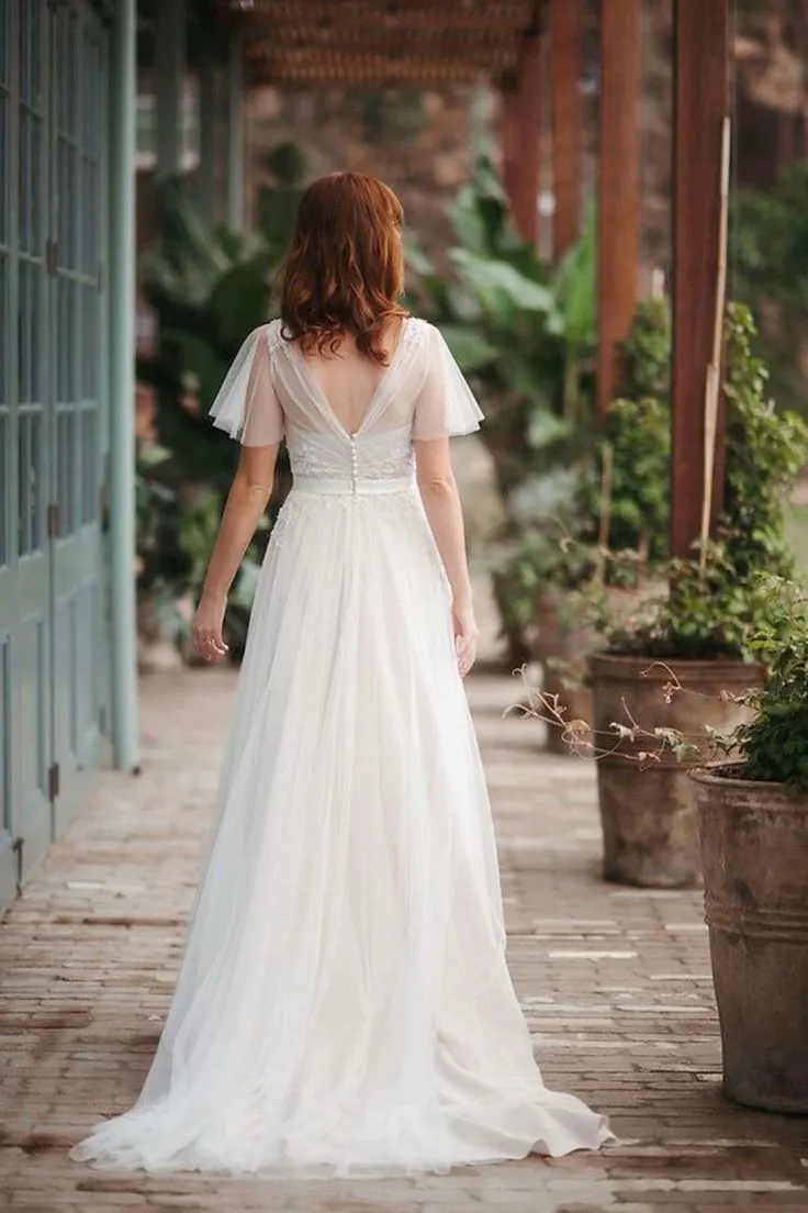 A line Boho Short Sleeve V-neck Wedding Dress