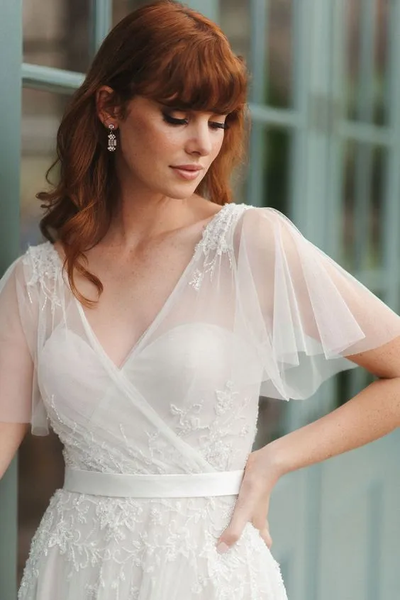 A line Boho Short Sleeve V-neck Wedding Dress