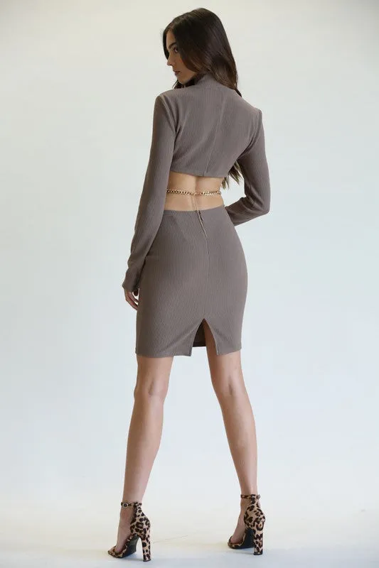 Amber Brown Cut Out Dress With Gold Chain