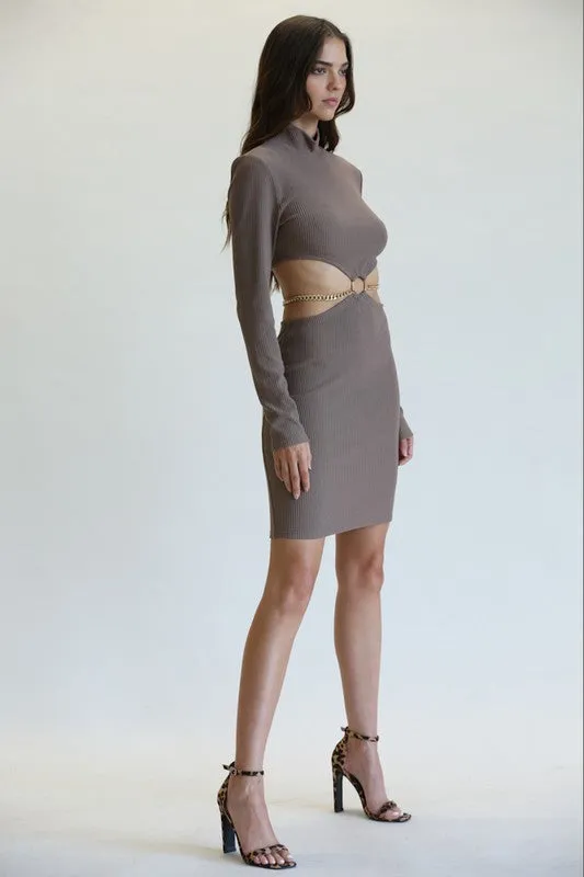 Amber Brown Cut Out Dress With Gold Chain