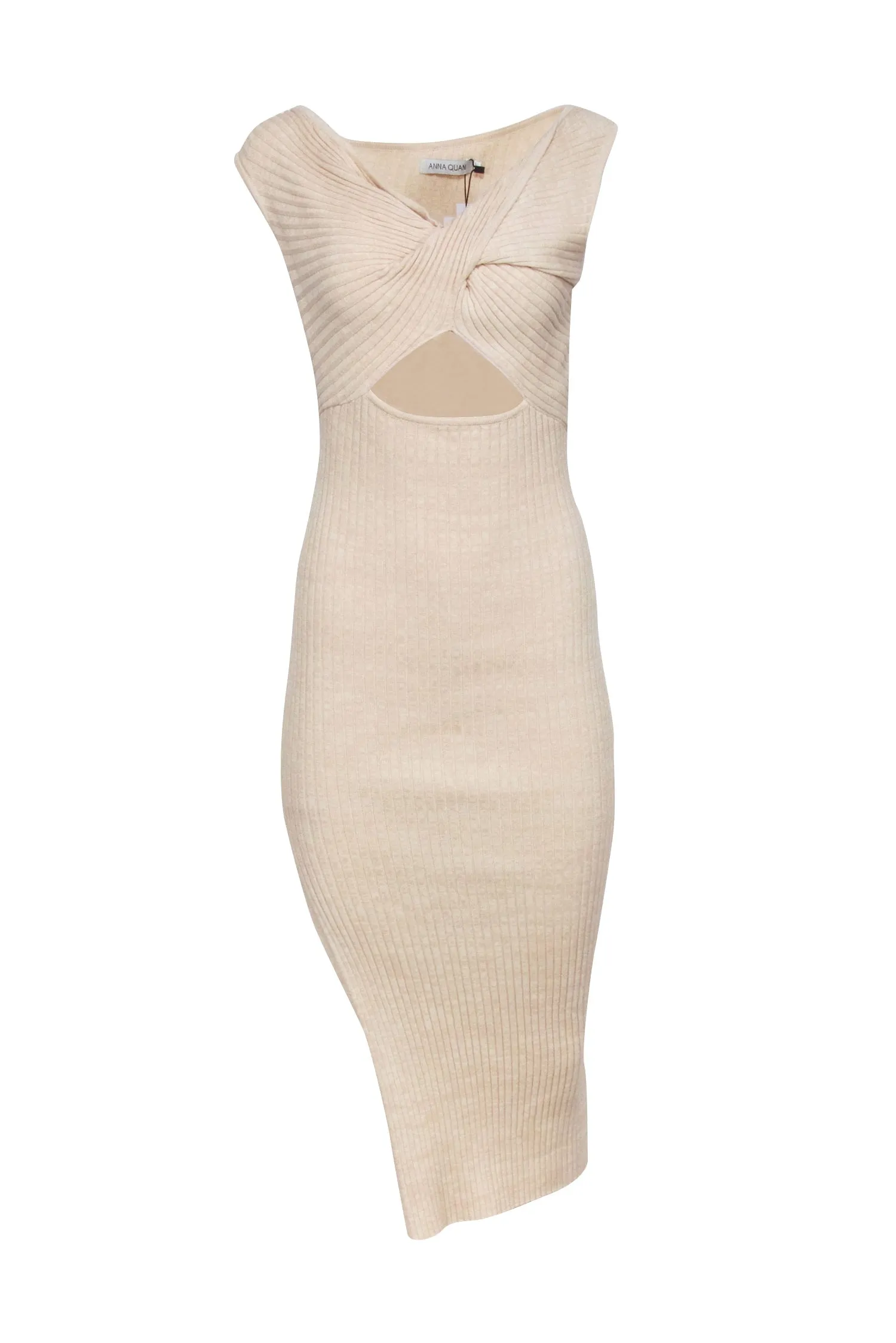 Anna Quan - Beige Ribbed Knit Dress w/ Twisted Asymmetric Neckline Sz 4