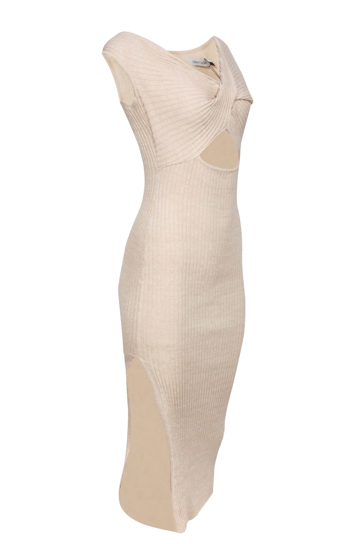 Anna Quan - Beige Ribbed Knit Dress w/ Twisted Asymmetric Neckline Sz 4