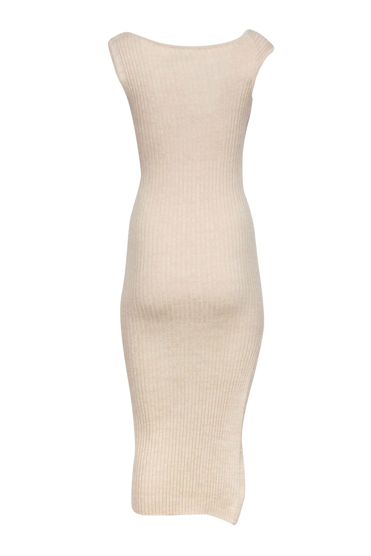 Anna Quan - Beige Ribbed Knit Dress w/ Twisted Asymmetric Neckline Sz 4