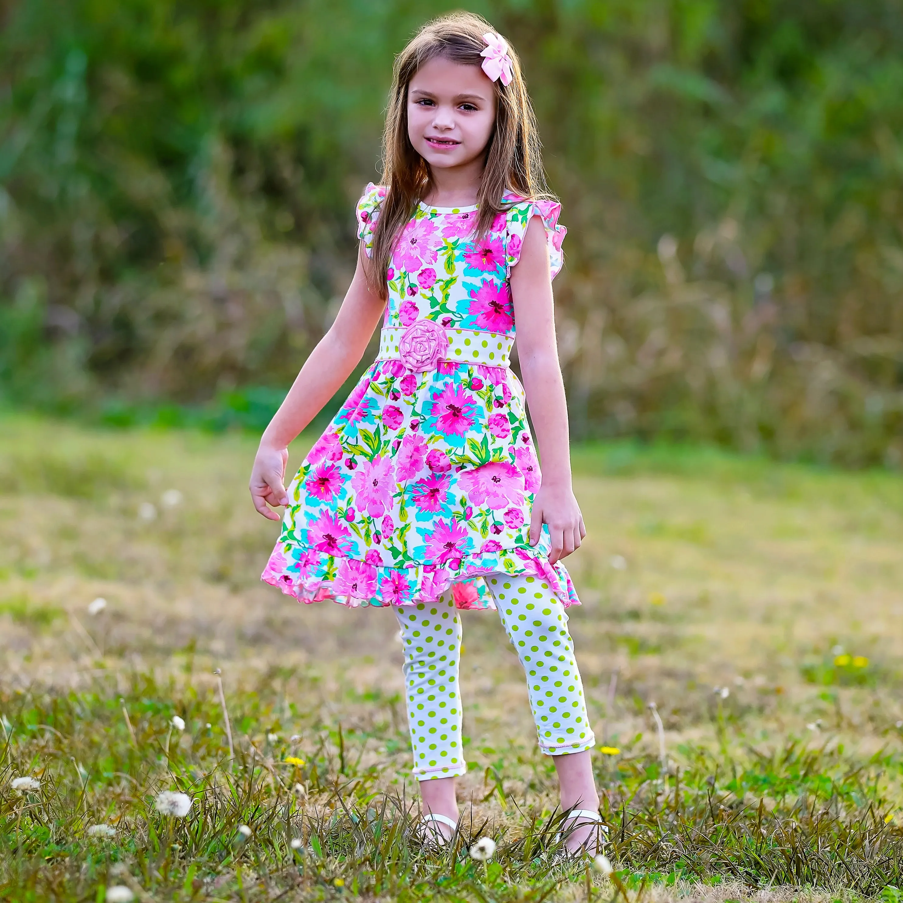 AnnLoren Little & Big Girls Spring Floral Dress Polka Dot Capri Leggings