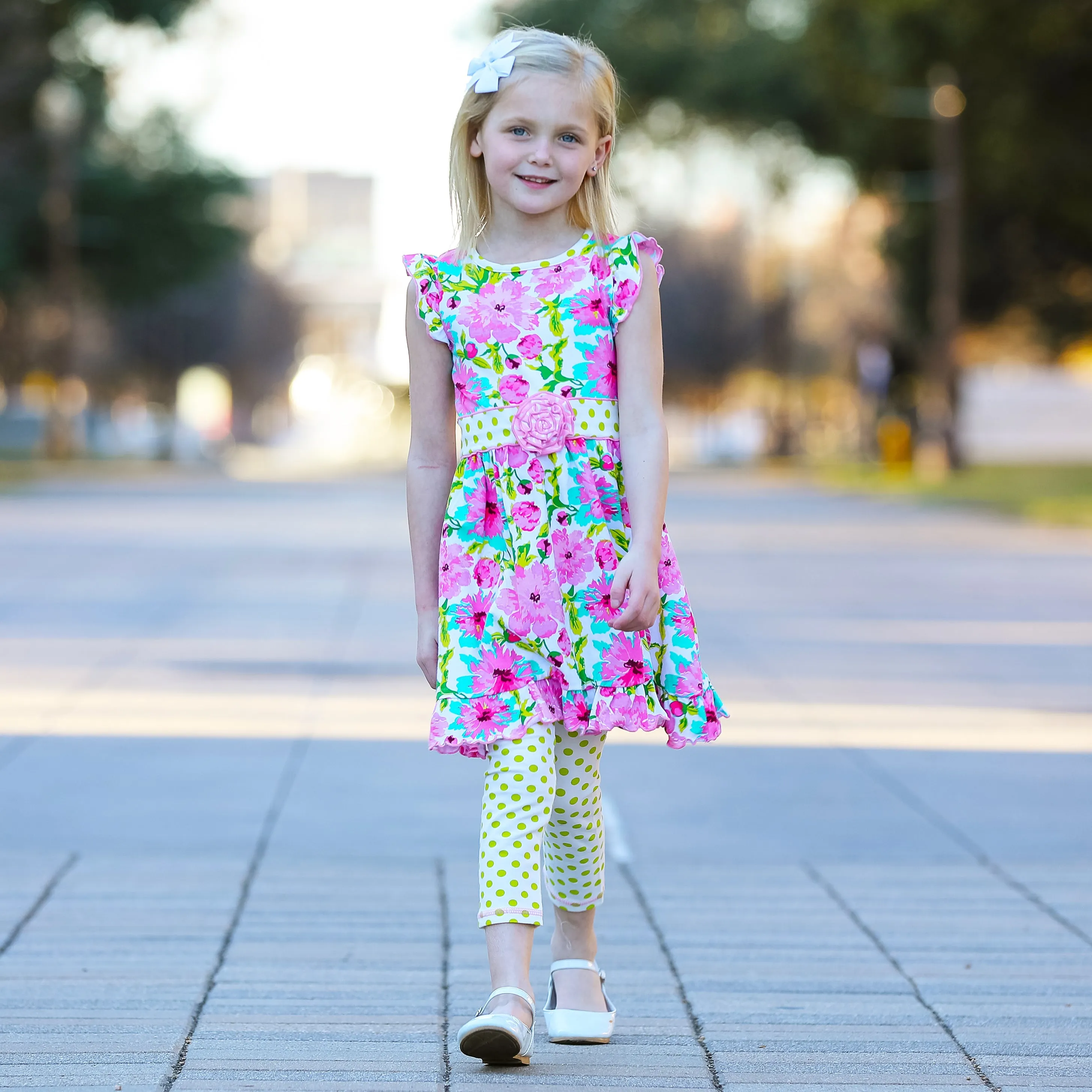 AnnLoren Little & Big Girls Spring Floral Dress Polka Dot Capri Leggings