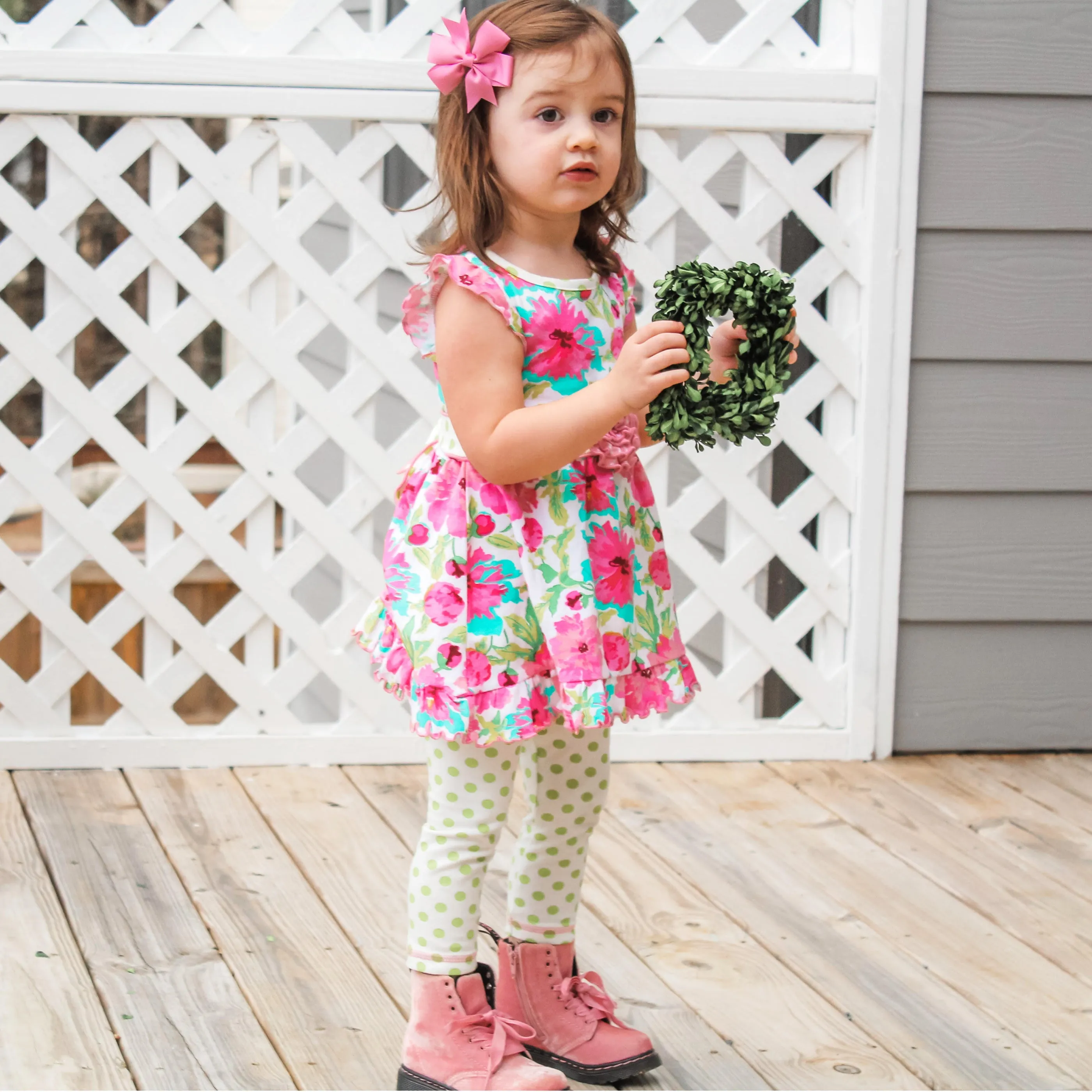 AnnLoren Little & Big Girls Spring Floral Dress Polka Dot Capri Leggings
