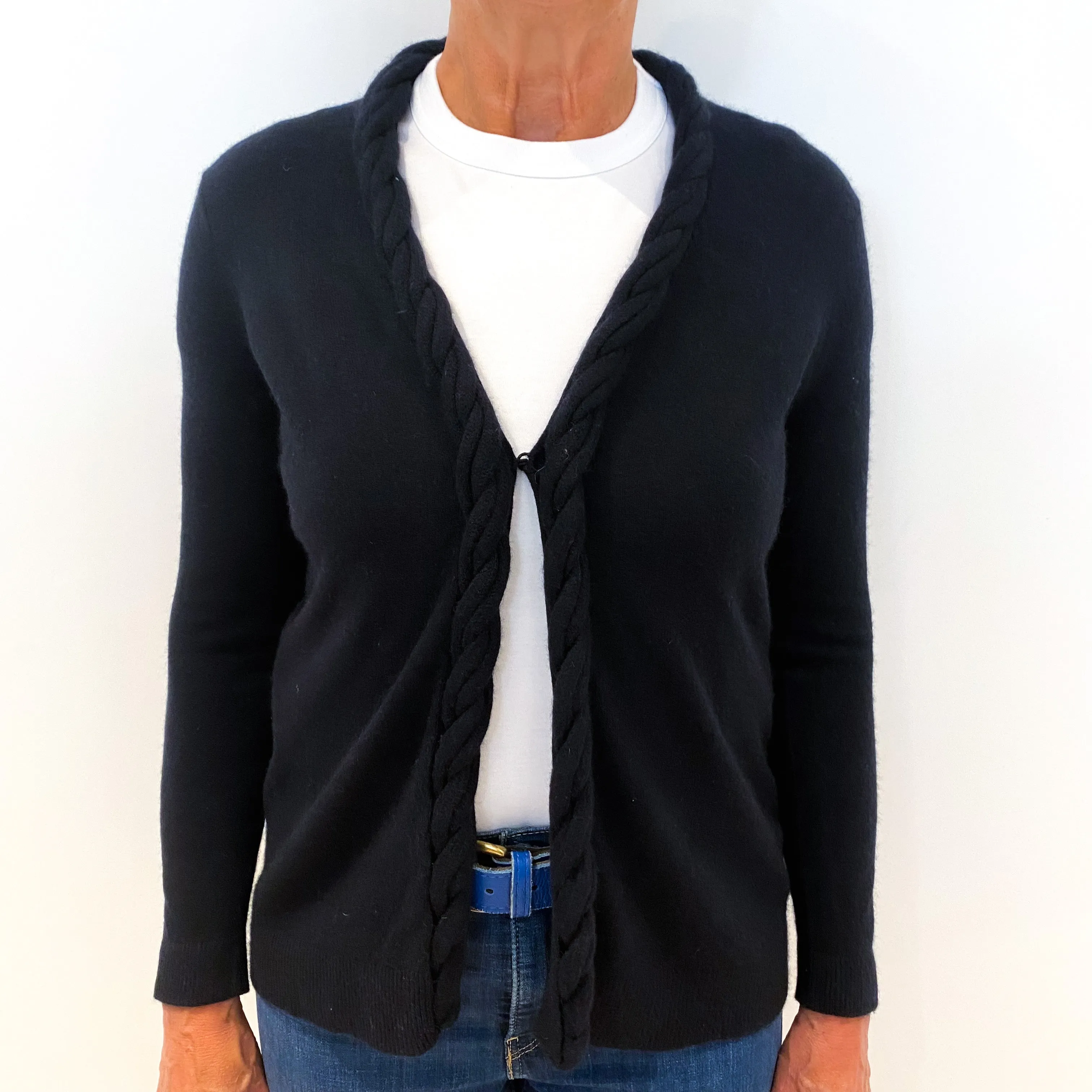 Black Cashmere V-Neck Cardigan with Chunky Rope Edging Medium
