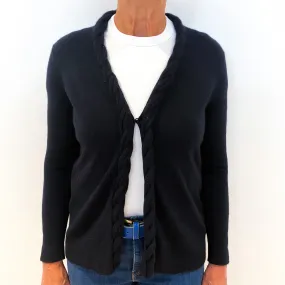 Black Cashmere V-Neck Cardigan with Chunky Rope Edging Medium
