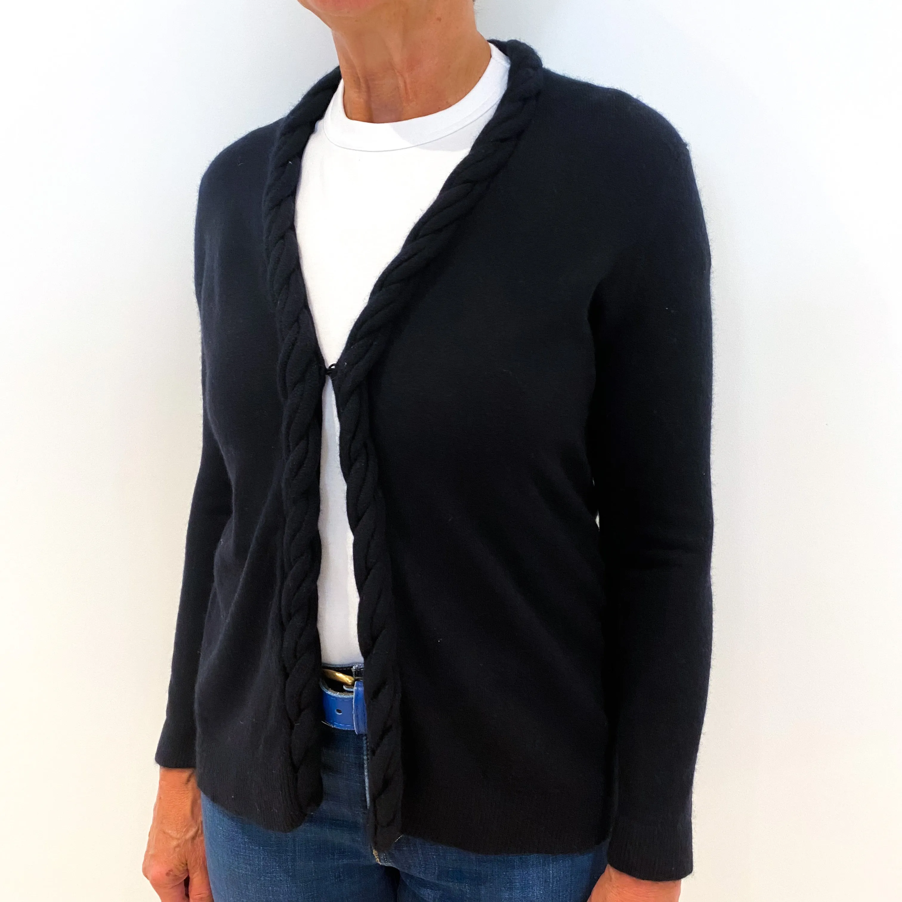 Black Cashmere V-Neck Cardigan with Chunky Rope Edging Medium