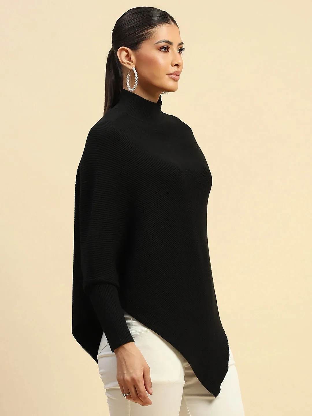 Black poly Viscose Slim Fit Pullover For Women