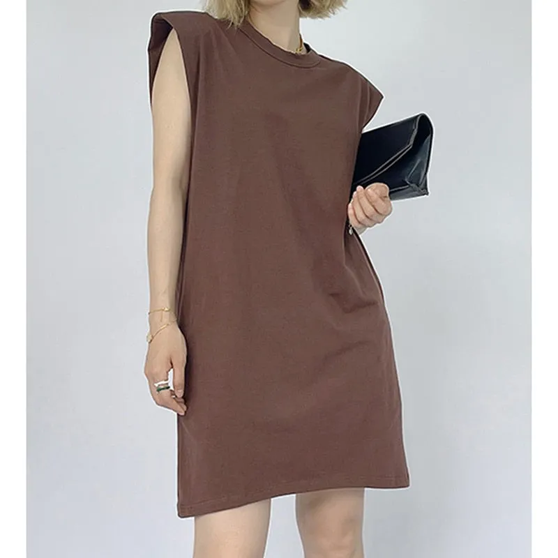 Casual Loose Mini Dress For Women Round Neck Sleeveless Solid Minimalist Dresses Female Korean Fashion Clothing