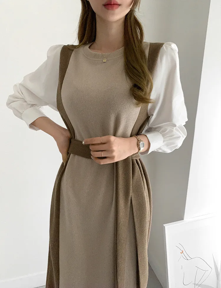 Color Contrast Spliced Sleeve Belted Knit Dress