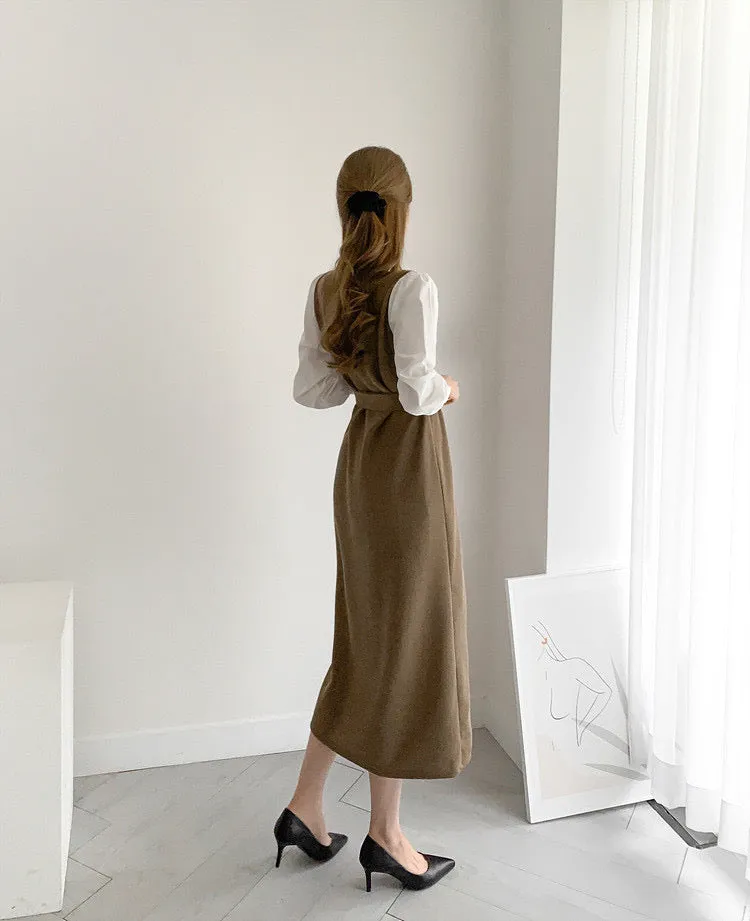Color Contrast Spliced Sleeve Belted Knit Dress