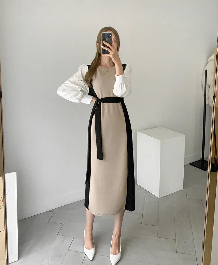 Color Contrast Spliced Sleeve Belted Knit Dress