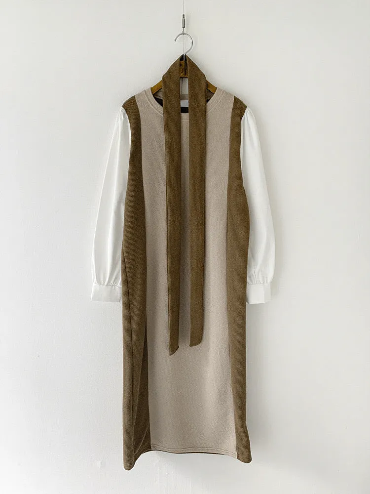 Color Contrast Spliced Sleeve Belted Knit Dress