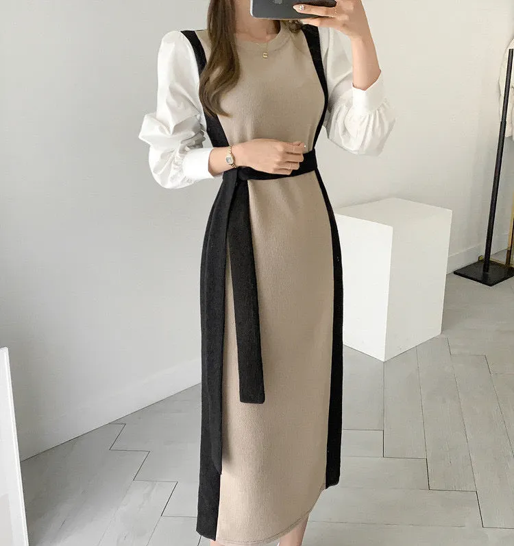 Color Contrast Spliced Sleeve Belted Knit Dress