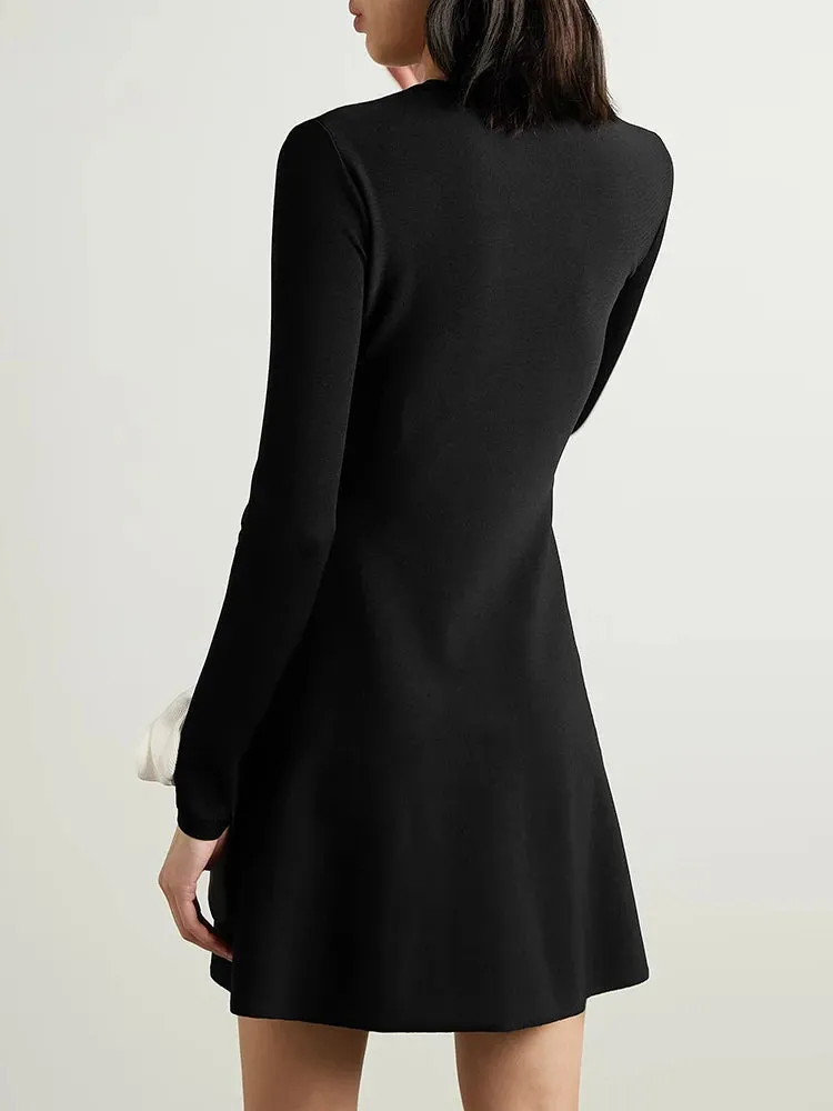 Colorblock Spliced Appliques Elegant Dresses For Women Round Neck Long Sleeve High Waist Minimalist Dress Female Fashion New