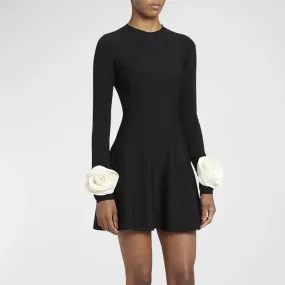 Colorblock Spliced Appliques Elegant Dresses For Women Round Neck Long Sleeve High Waist Minimalist Dress Female Fashion New