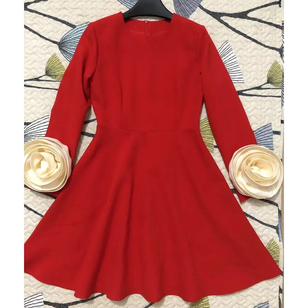 Colorblock Spliced Appliques Elegant Dresses For Women Round Neck Long Sleeve High Waist Minimalist Dress Female Fashion New