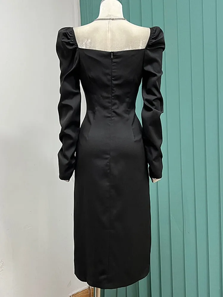 Diamonds Elegant White Dress For Women Slash Neck Puff Sleeve High Waist Solid Minimalist Midi Dresses Females