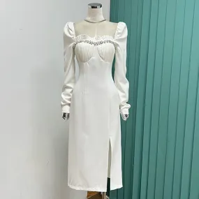 Diamonds Elegant White Dress For Women Slash Neck Puff Sleeve High Waist Solid Minimalist Midi Dresses Females
