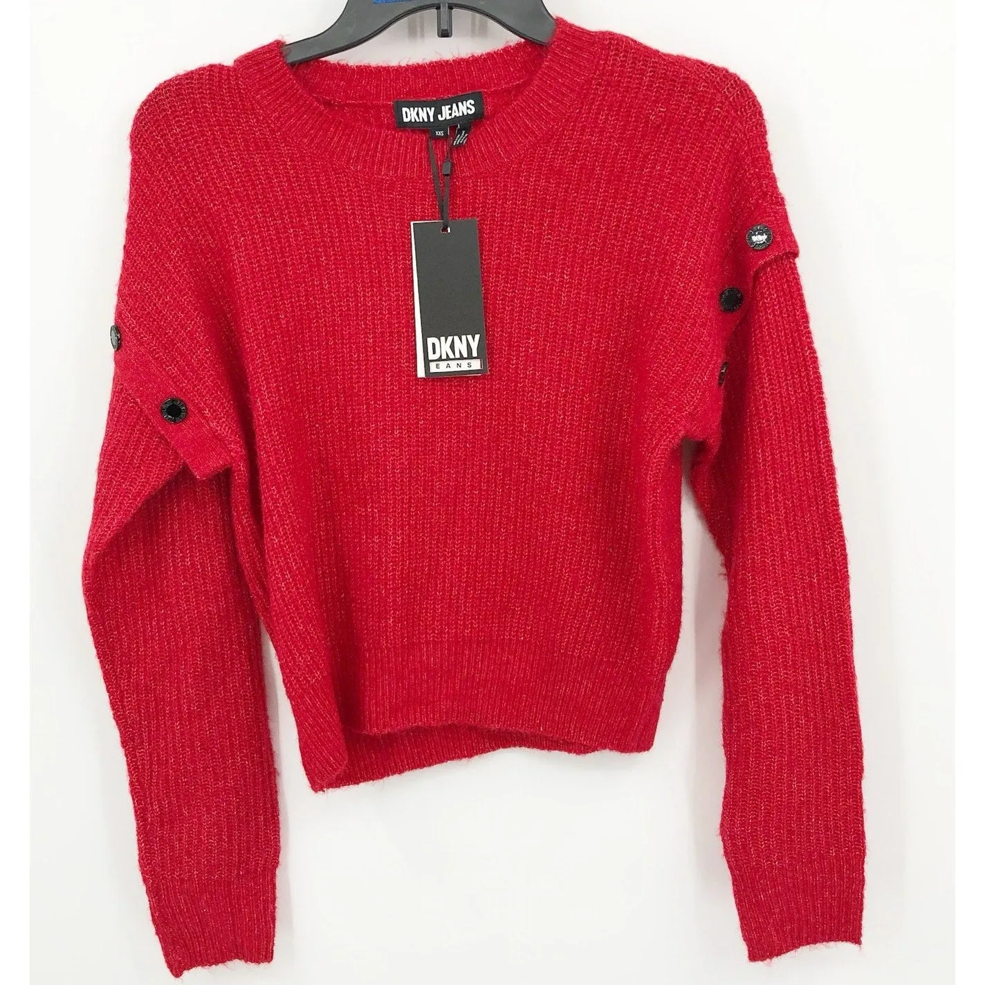 DKNY JEANS Womens Sweater XXS Red Scarlet Crewneck Pullover Button Detail NWT