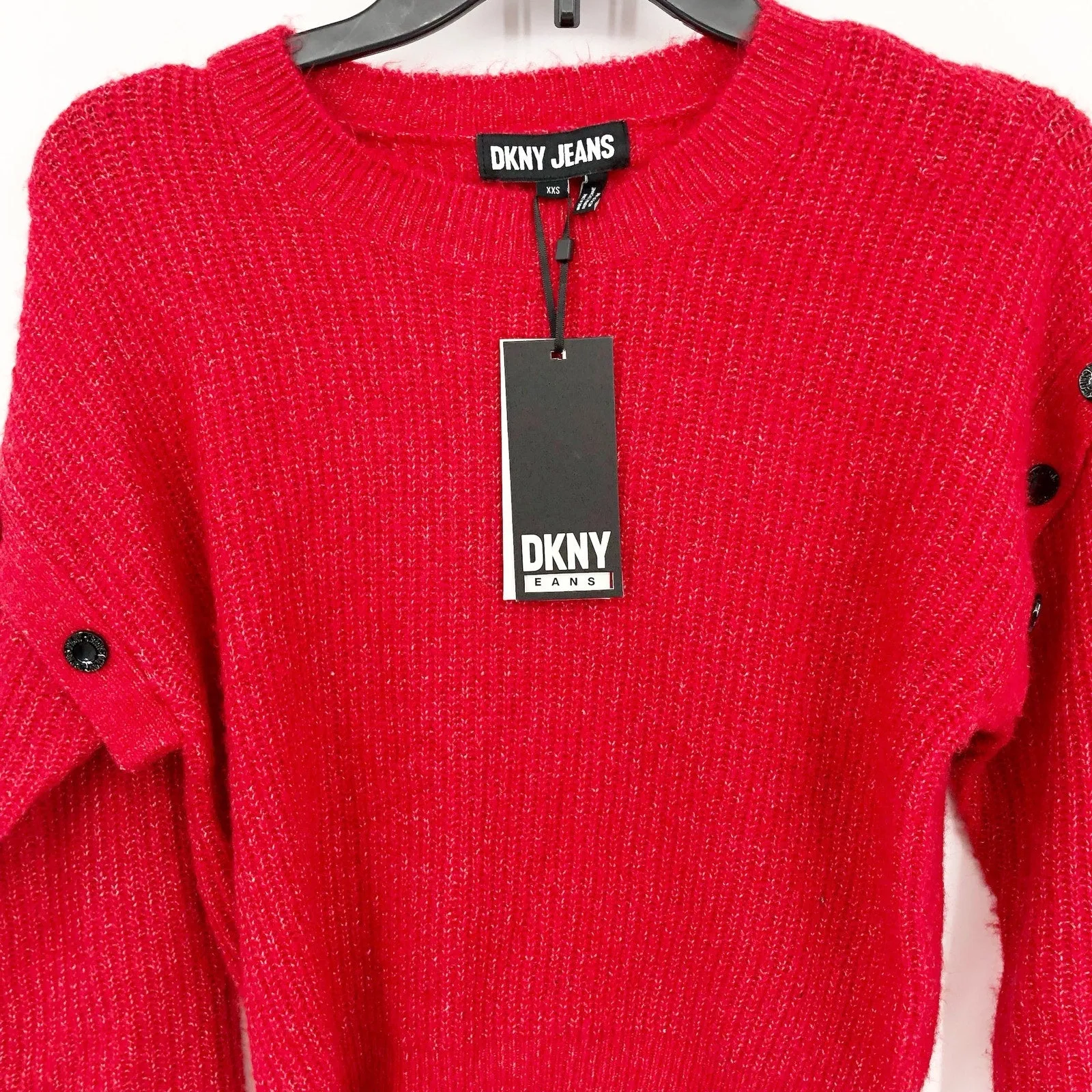 DKNY JEANS Womens Sweater XXS Red Scarlet Crewneck Pullover Button Detail NWT
