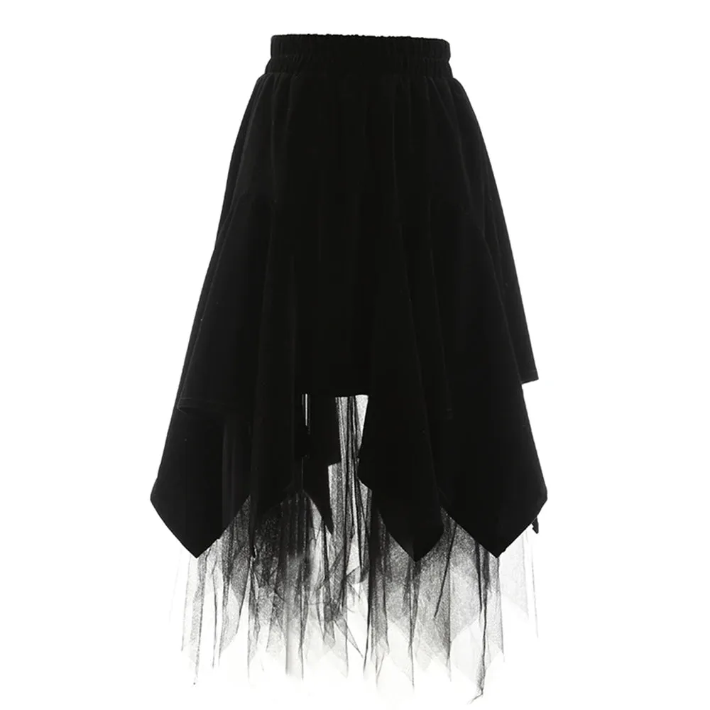 Elegant Irregular Hem Skirt For Women High Waist Patchwork Mesh Solid Minimalist Midi Skirts Female Clothes Fashion