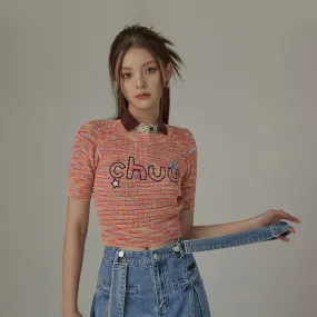 Embroidered Chuu Star Cropped Knit Top