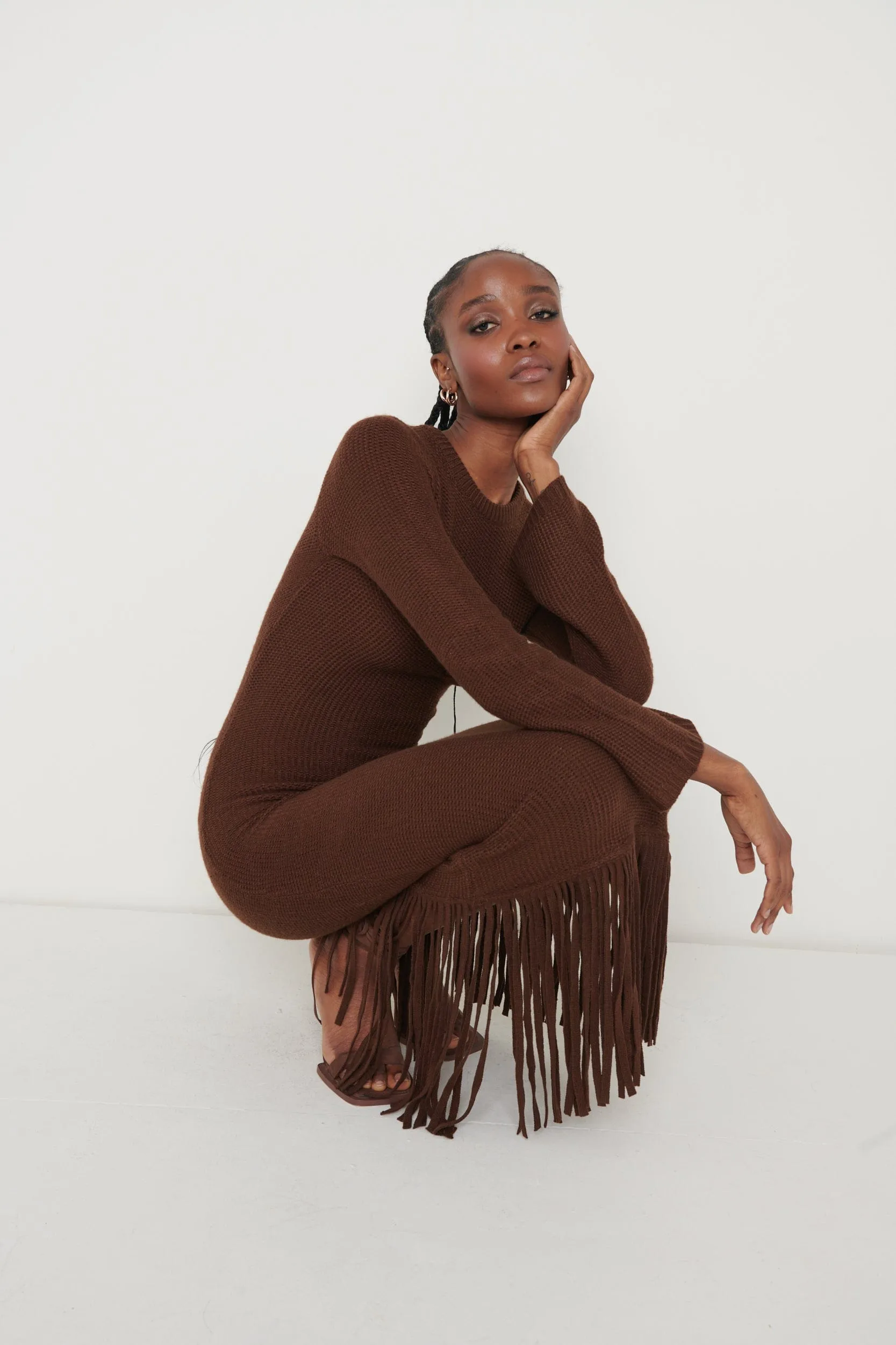 Francoise Fringed Knit Maxi Dress - Brown