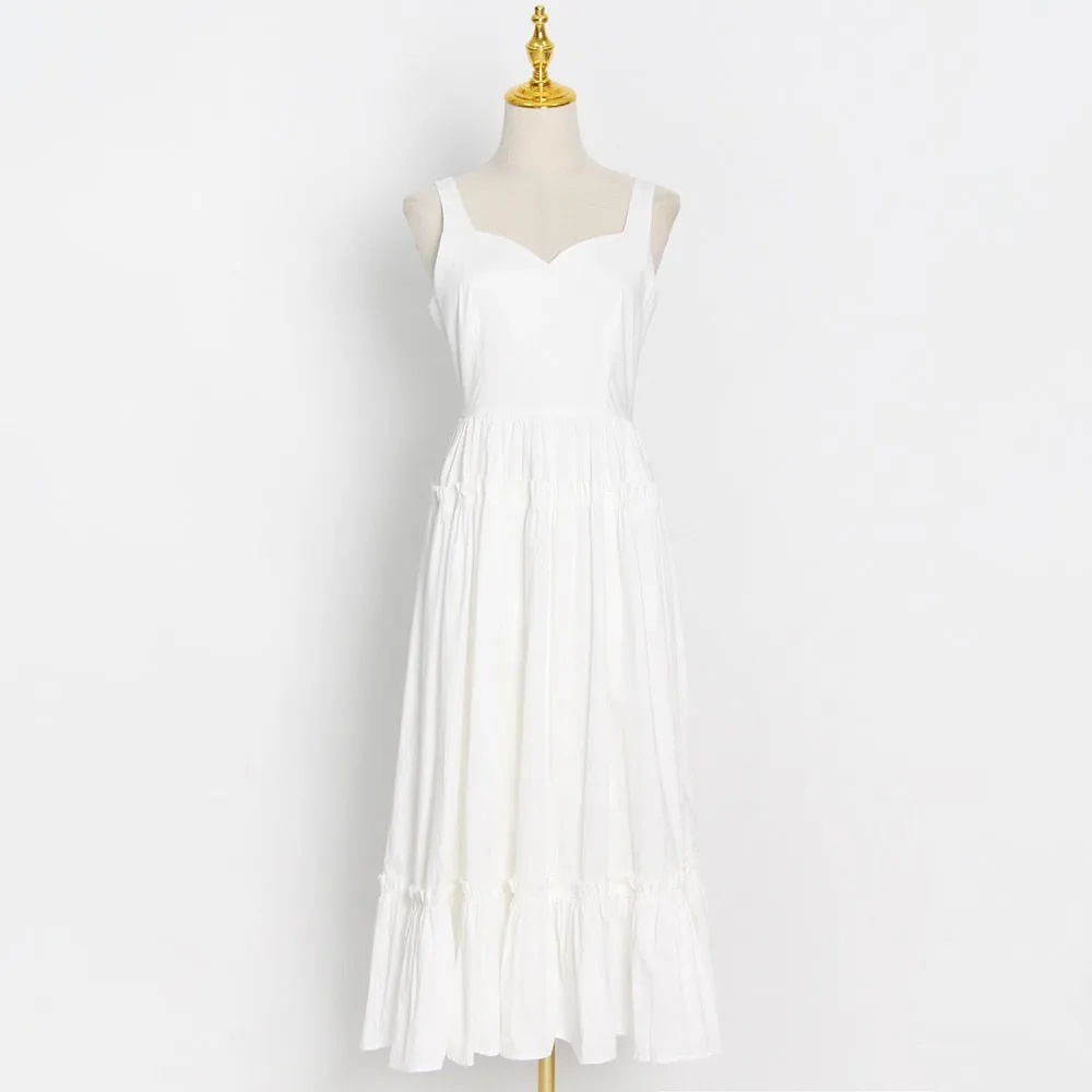 Green Sexy Summer Dress For Women Round Neck Sleeveless High Waist Solid Minimalist Ruched Midi Dresses Female