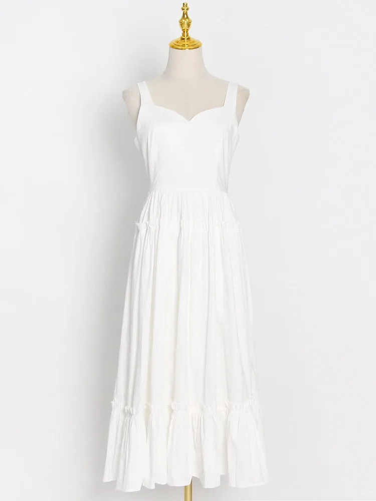 Green Sexy Summer Dress For Women Round Neck Sleeveless High Waist Solid Minimalist Ruched Midi Dresses Female