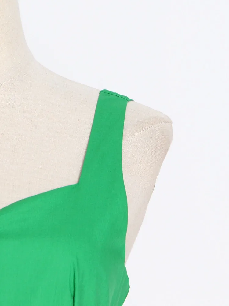 Green Sexy Summer Dress For Women Round Neck Sleeveless High Waist Solid Minimalist Ruched Midi Dresses Female