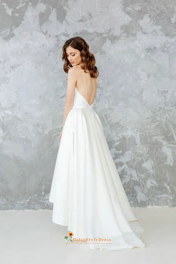 High Low Spaghetti Straps Wedding Dress with Pocket