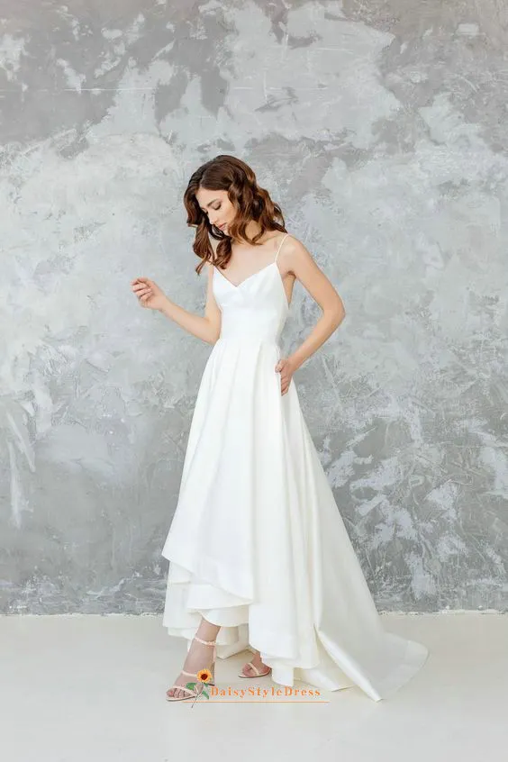 High Low Spaghetti Straps Wedding Dress with Pocket