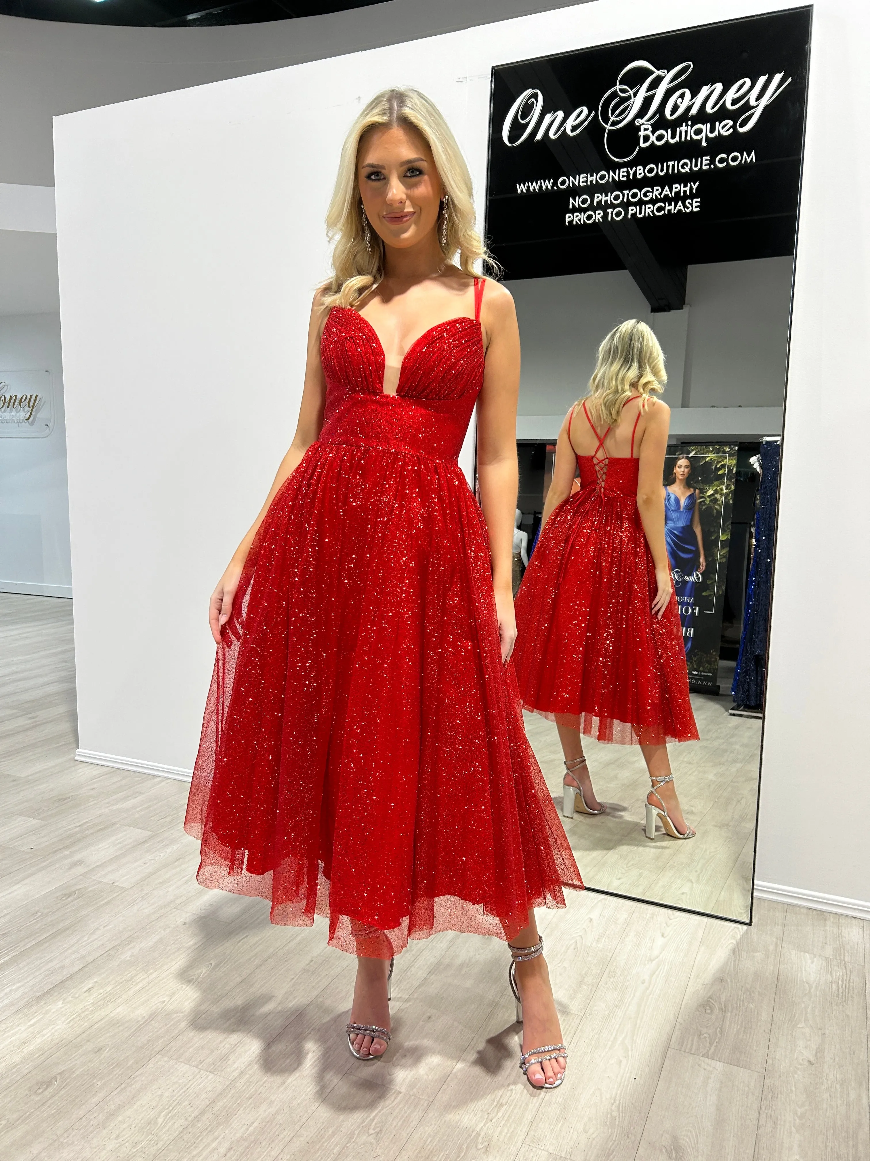 Honey Couture CAM Red Glitter Tea Length Ball Gown Corset Lace Up Formal Dress