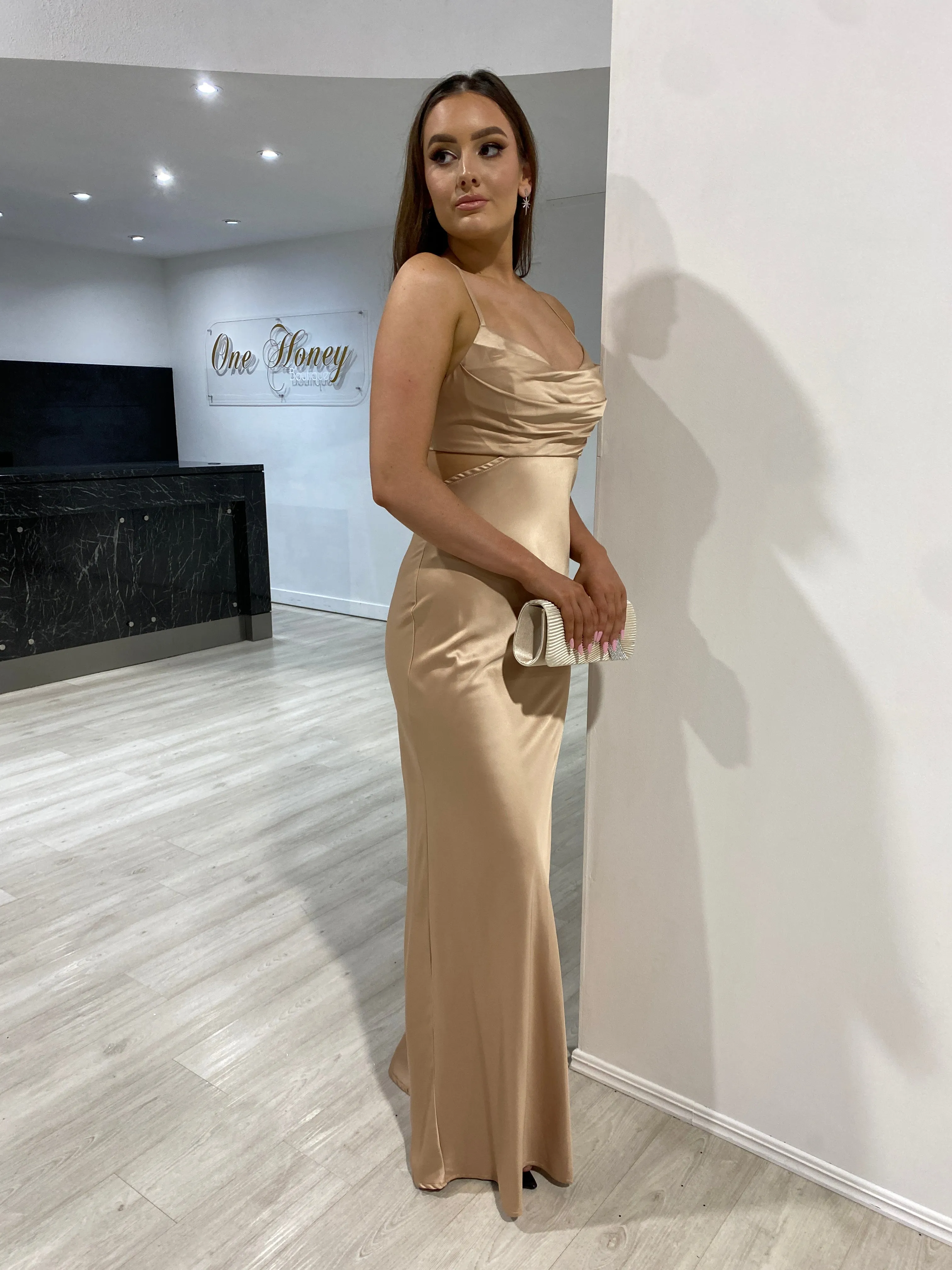Honey Couture ELLIE Gold Silky Cut Out Maxi Dress