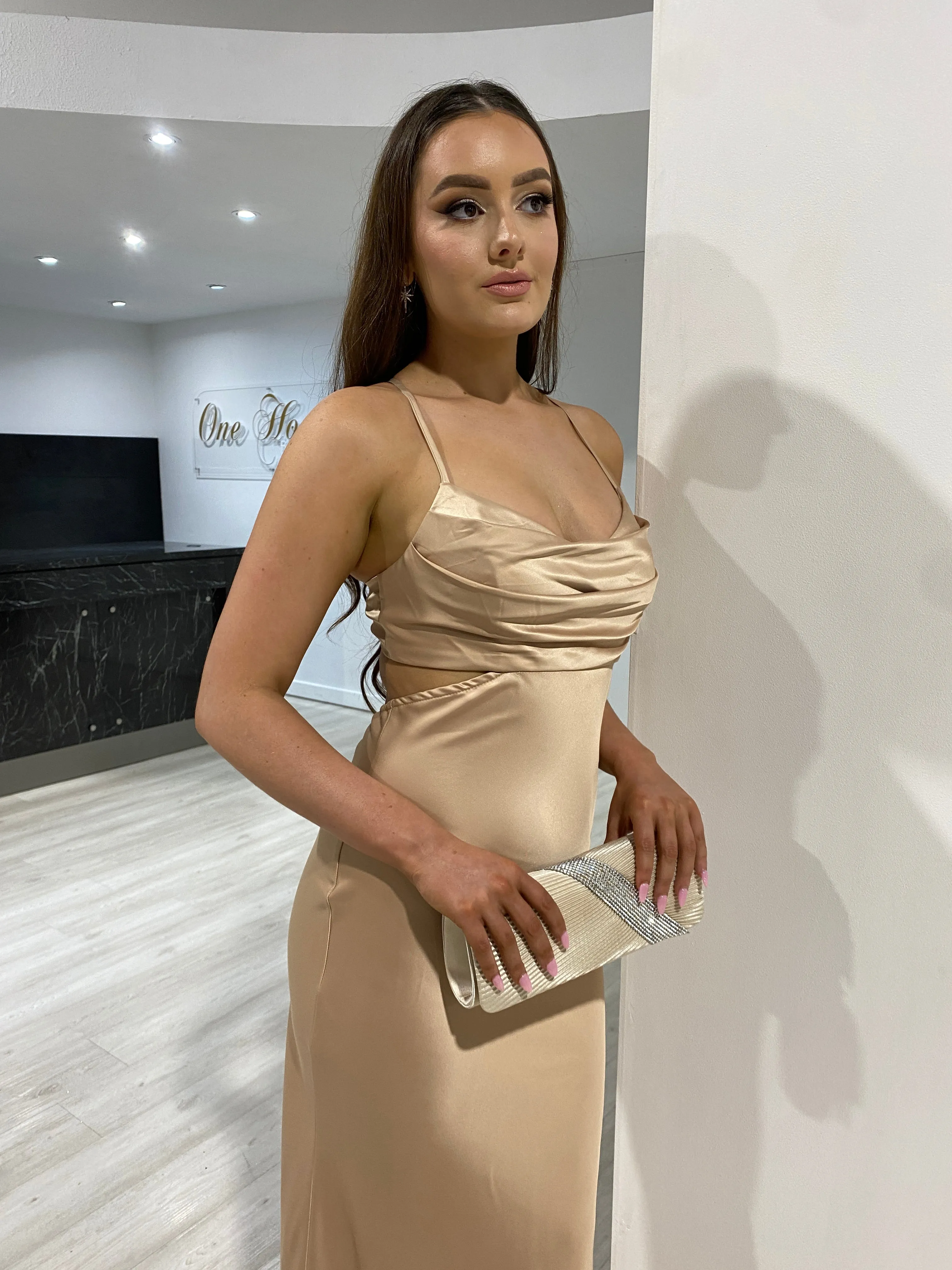 Honey Couture ELLIE Gold Silky Cut Out Maxi Dress