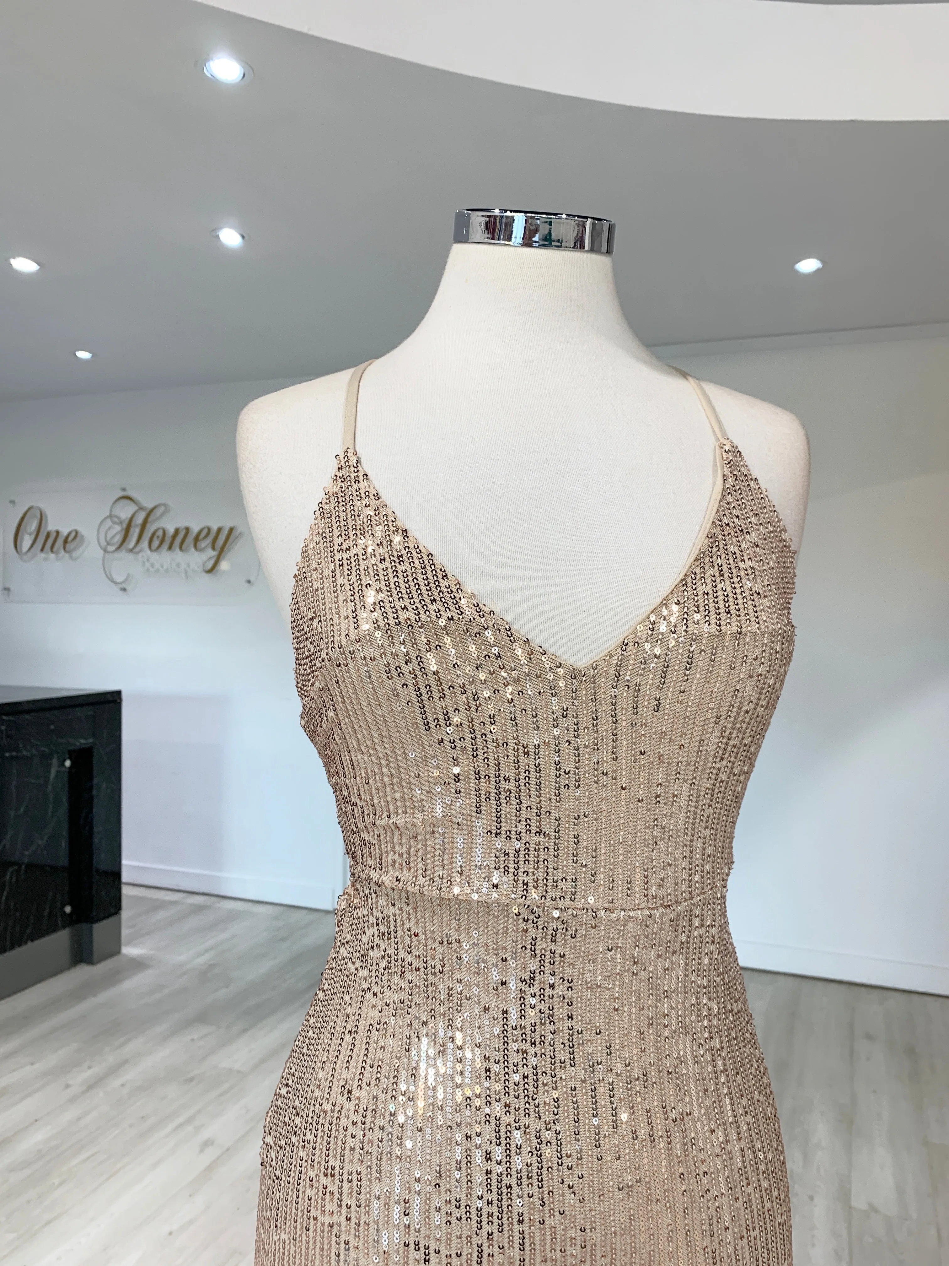 Honey Couture LUZ Champagne Gold Lace Up Sequin Formal Gown Dress