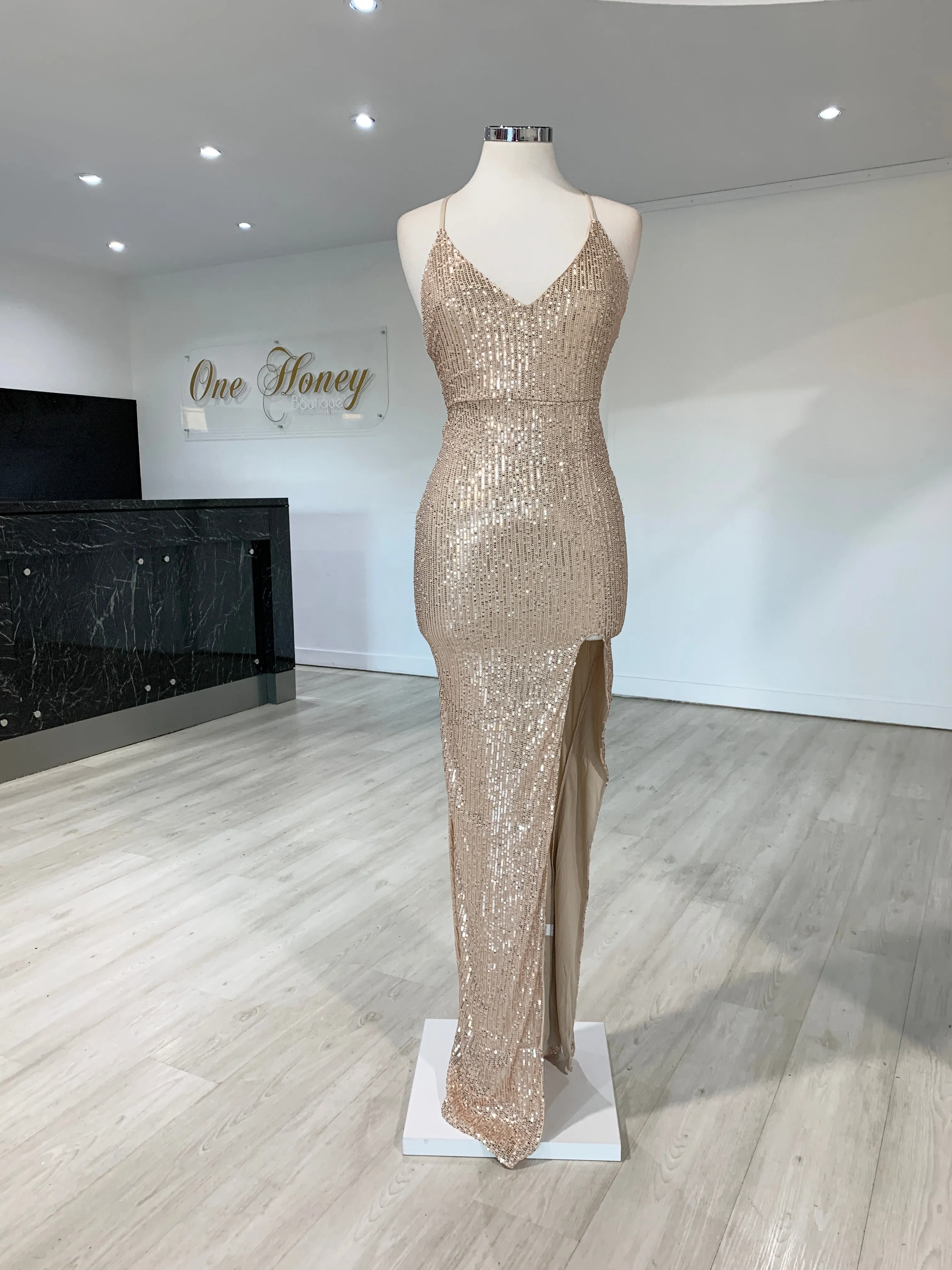 Honey Couture LUZ Champagne Gold Lace Up Sequin Formal Gown Dress