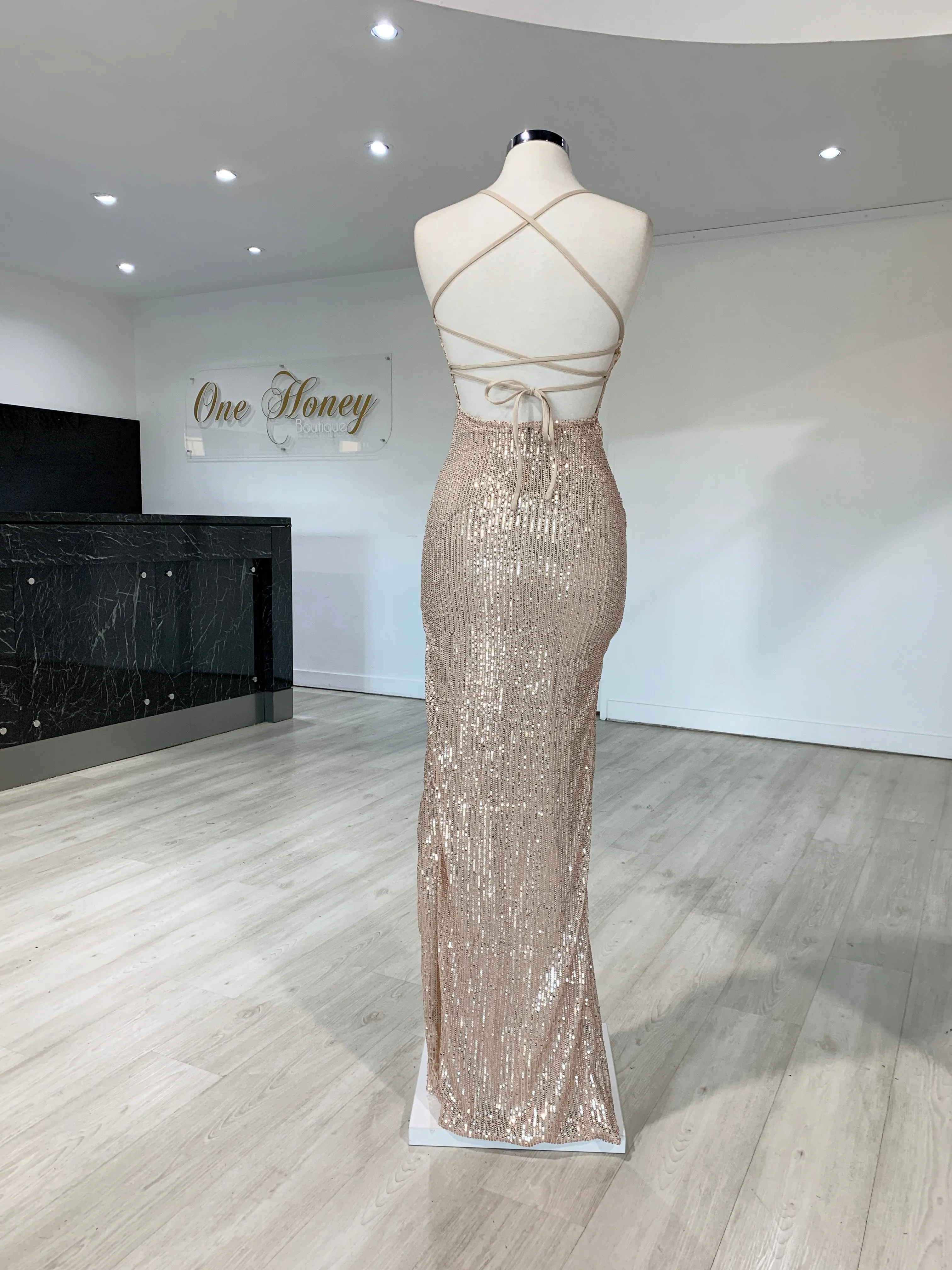 Honey Couture LUZ Champagne Gold Lace Up Sequin Formal Gown Dress