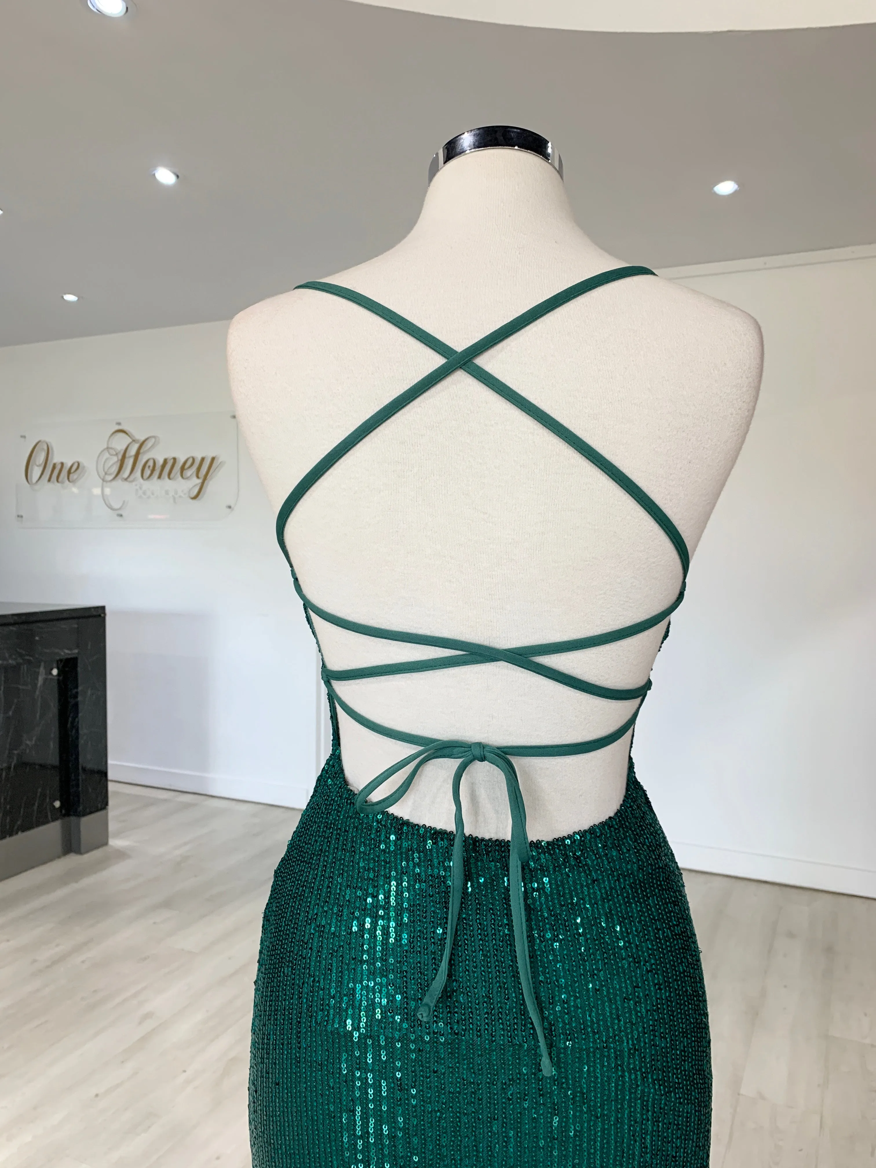 Honey Couture LUZ Emerald Green Lace Up Sequin Formal Gown Dress