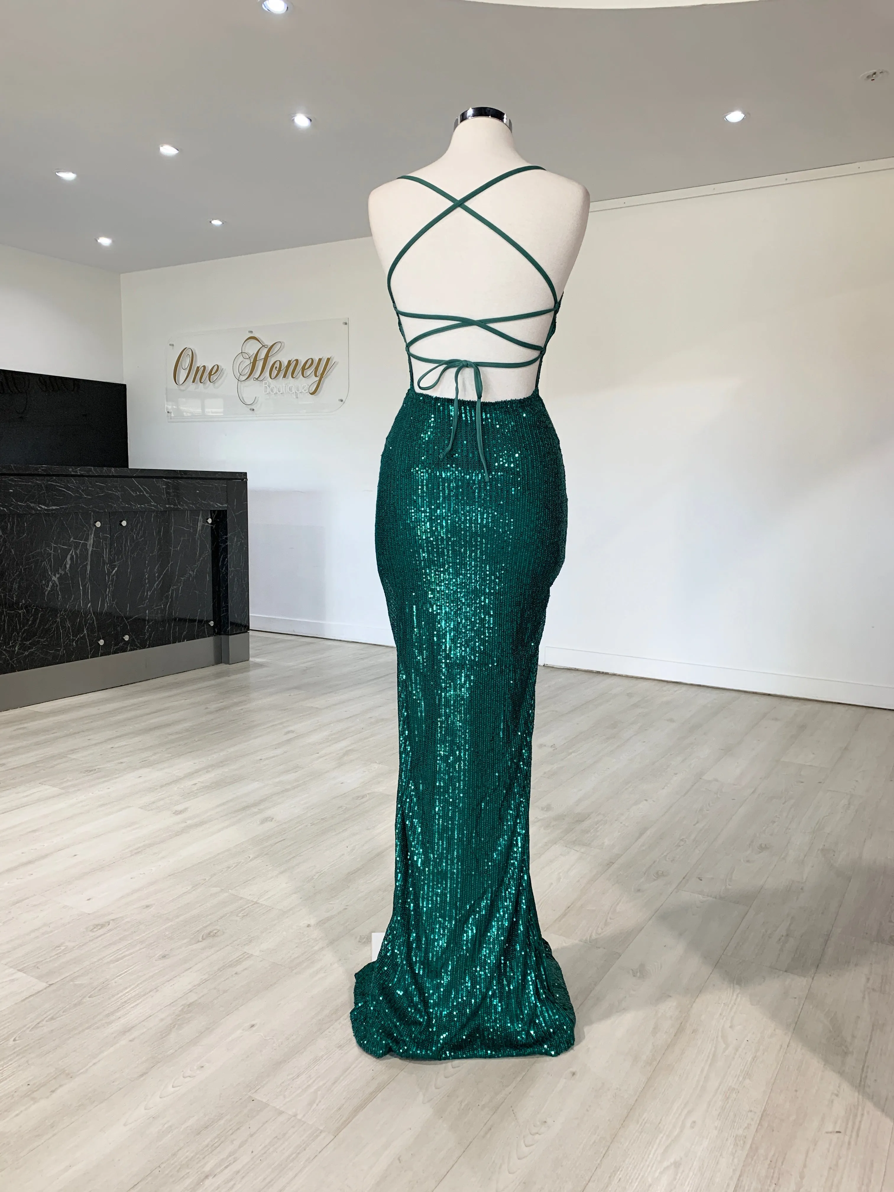 Honey Couture LUZ Emerald Green Lace Up Sequin Formal Gown Dress