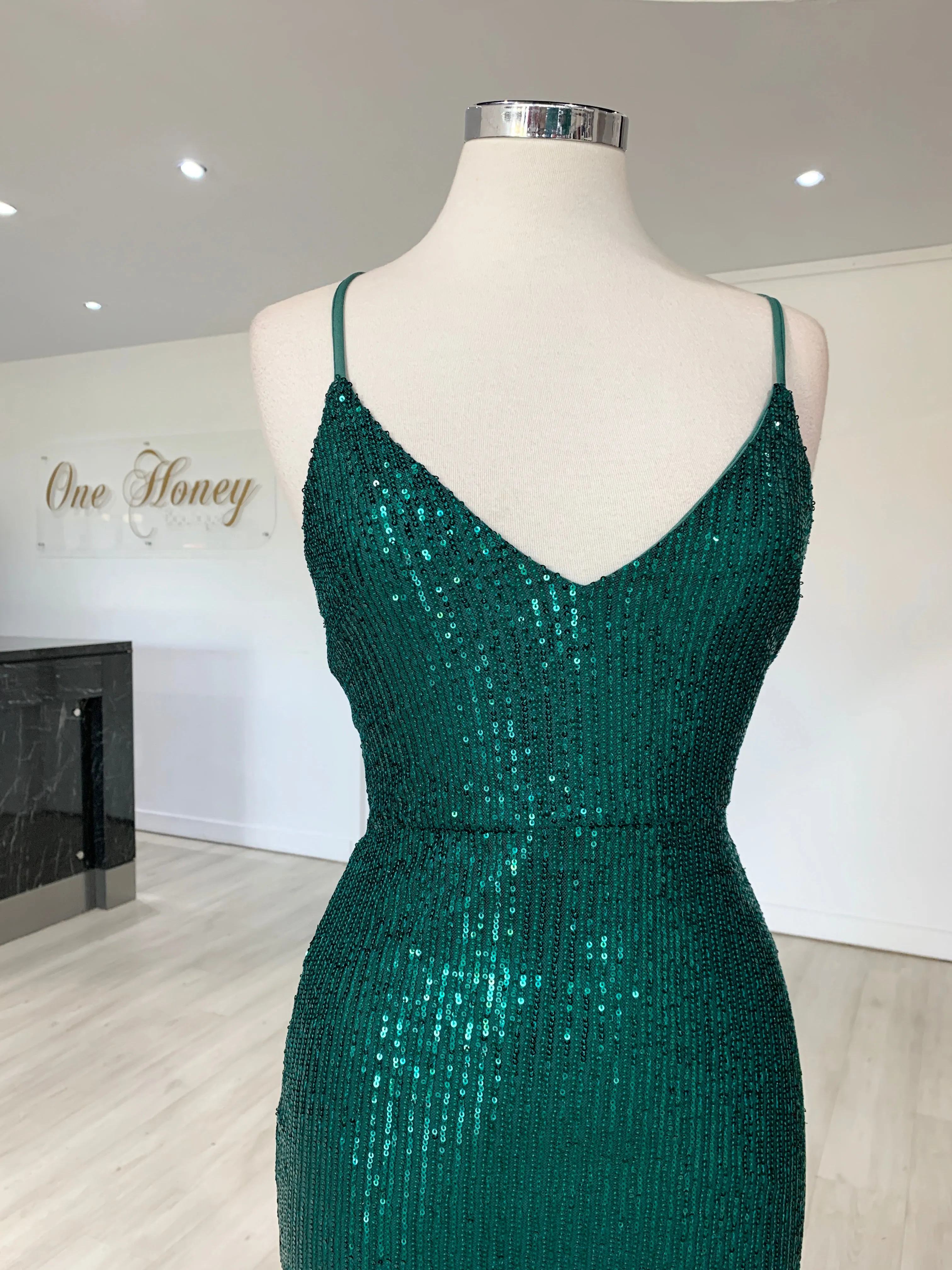 Honey Couture LUZ Emerald Green Lace Up Sequin Formal Gown Dress