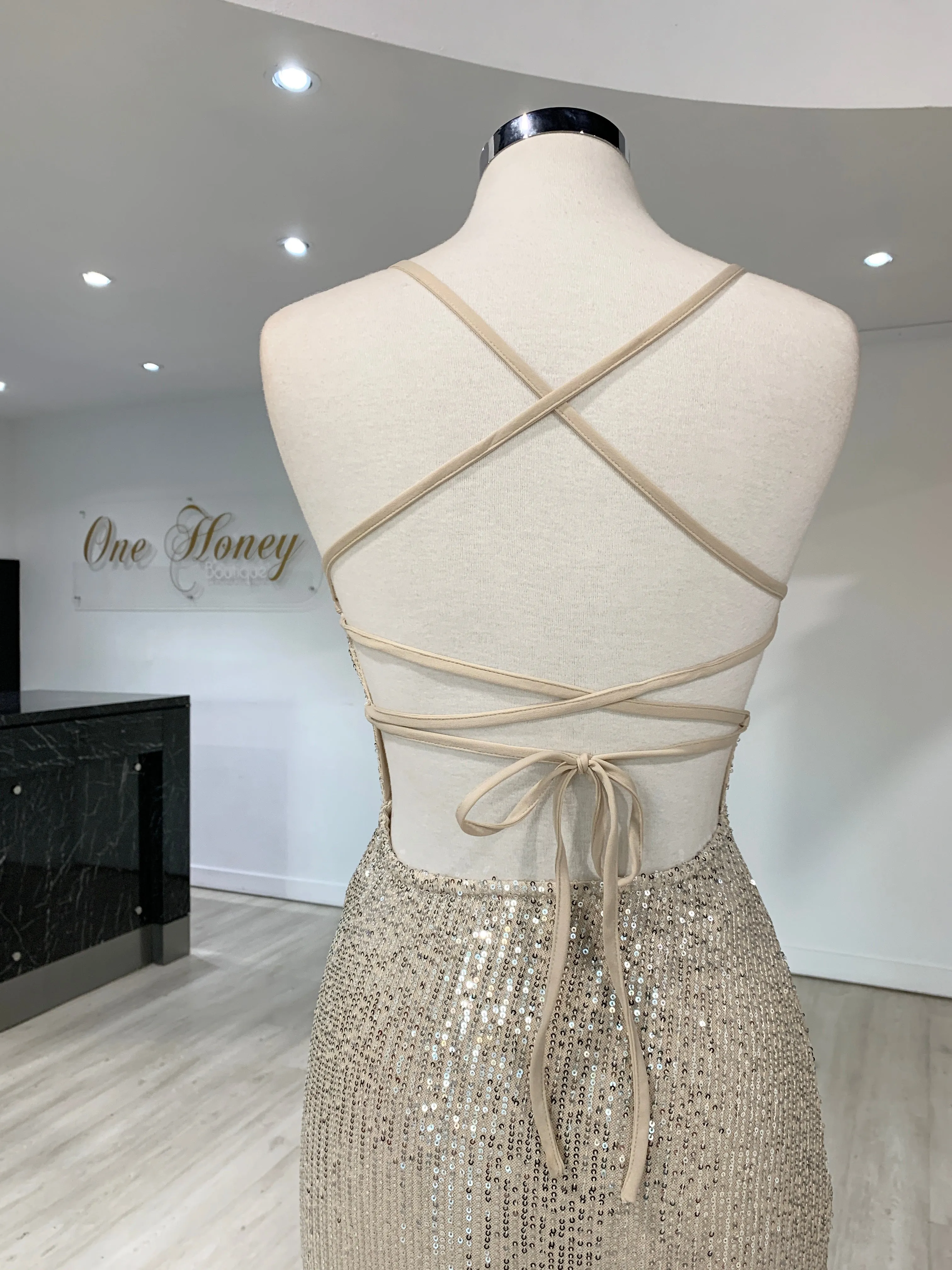 Honey Couture LUZ Silver Lace Up Sequin Formal Gown Dress