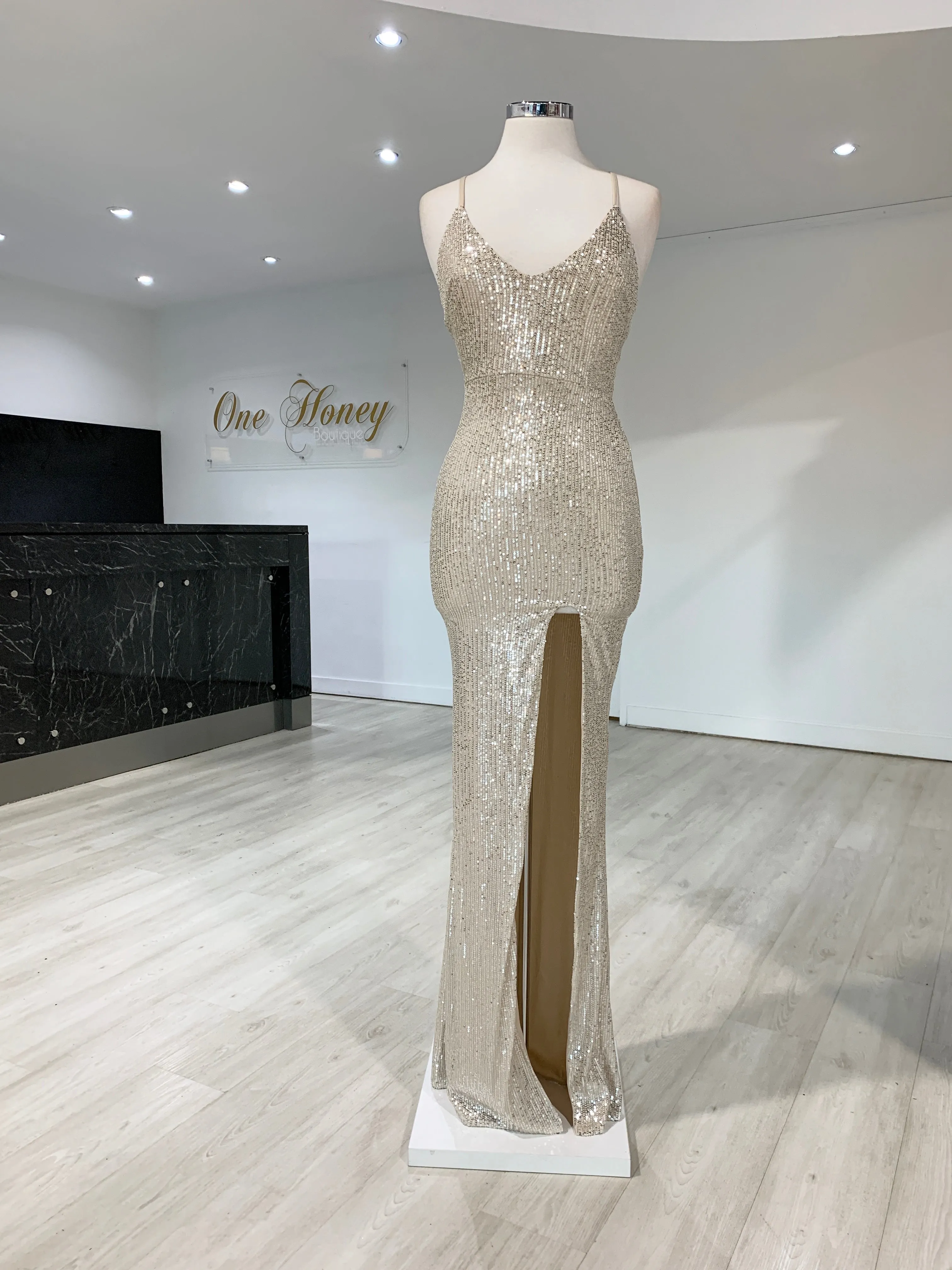 Honey Couture LUZ Silver Lace Up Sequin Formal Gown Dress