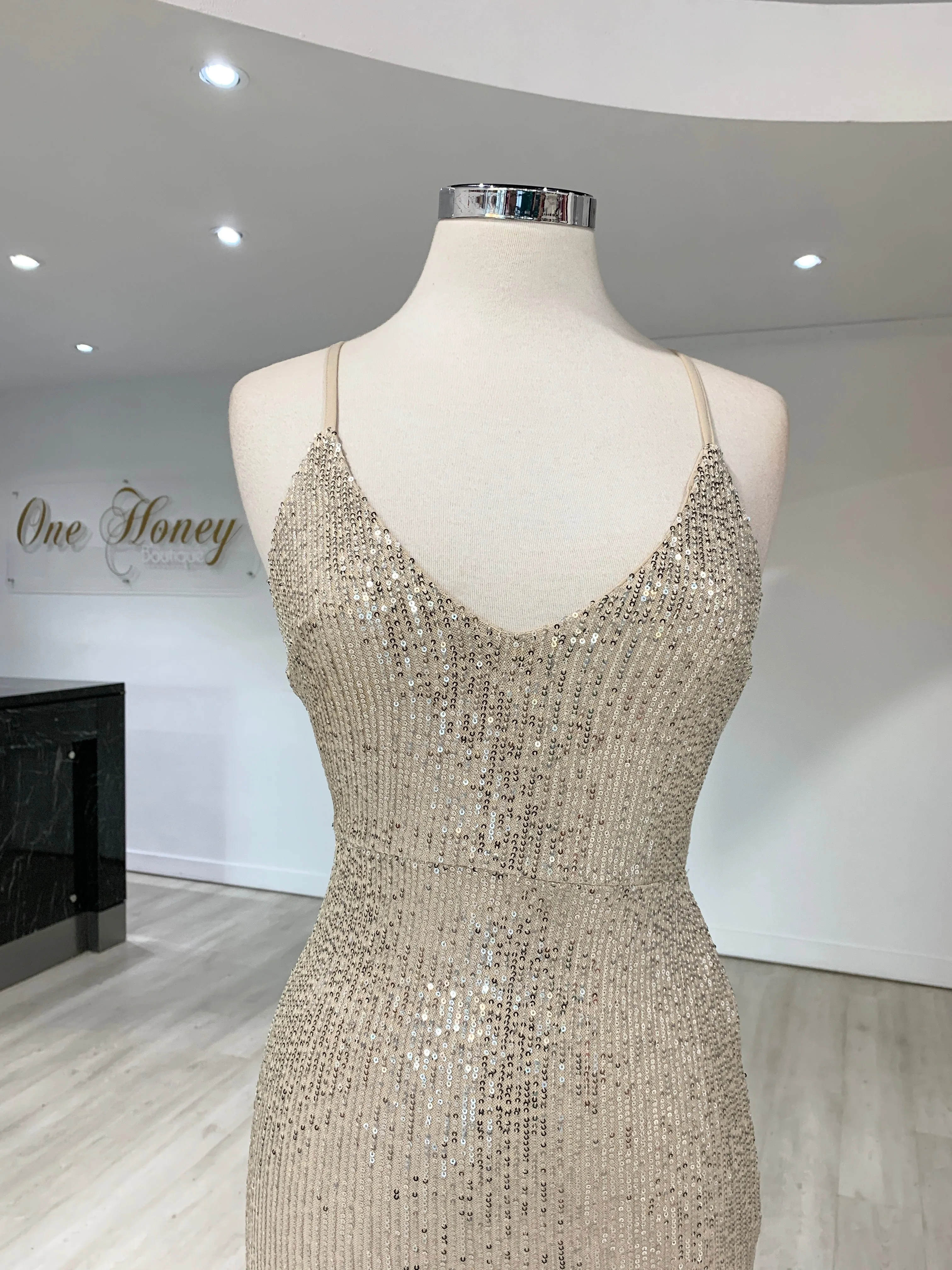 Honey Couture LUZ Silver Lace Up Sequin Formal Gown Dress