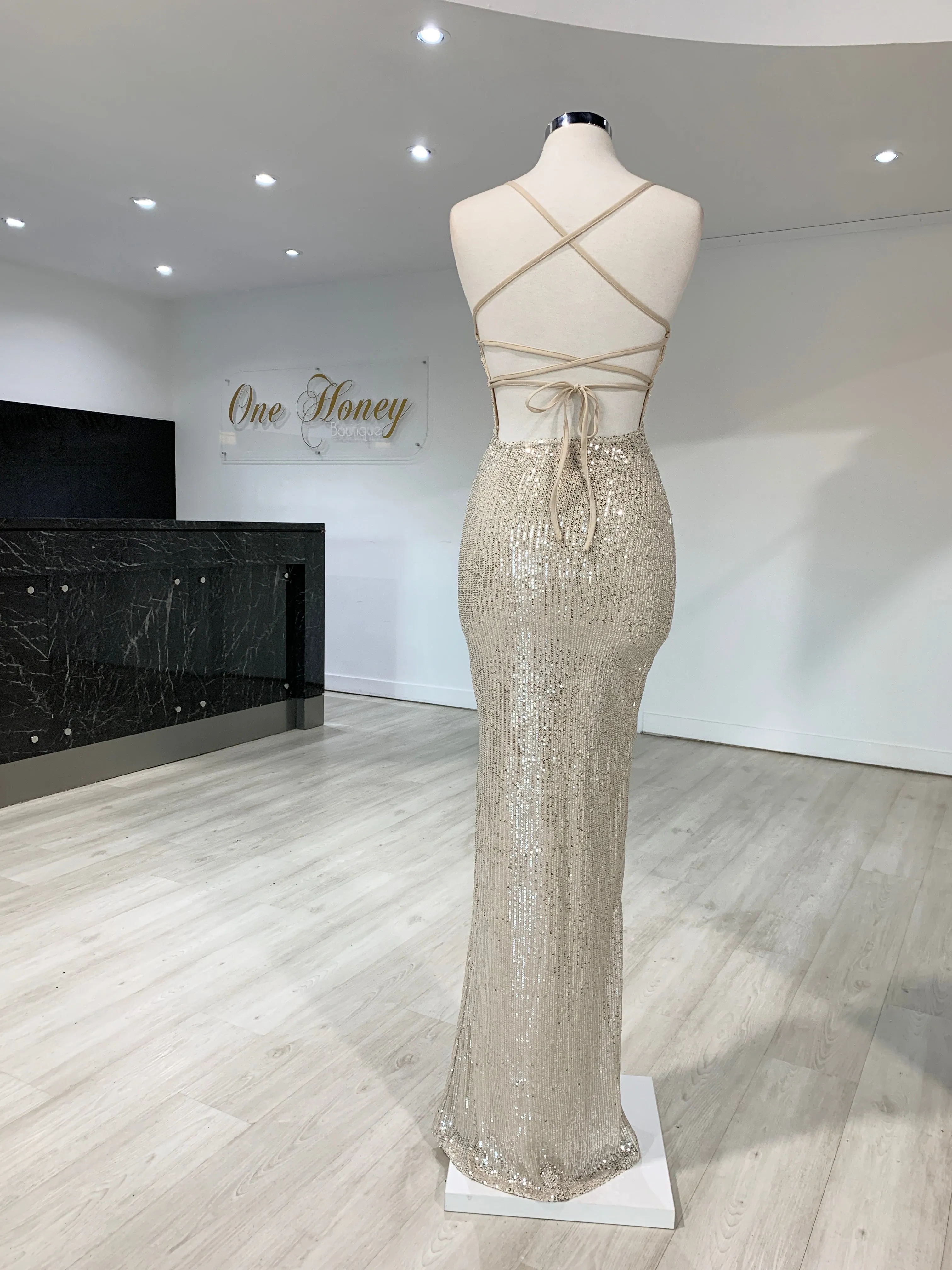 Honey Couture LUZ Silver Lace Up Sequin Formal Gown Dress