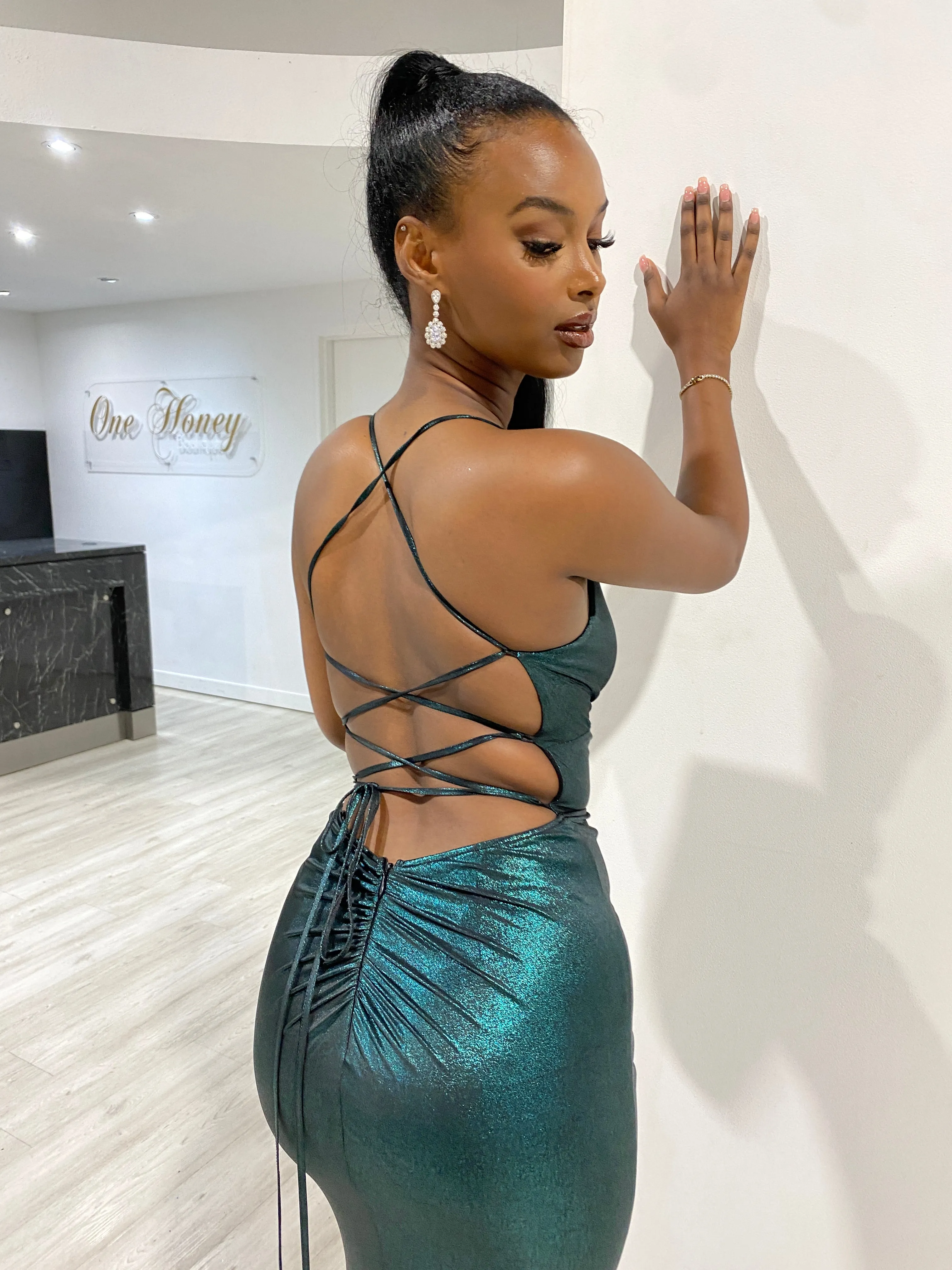 Honey Couture MARI Green Shimmer Lace Back Bum Ruching Formal Dress